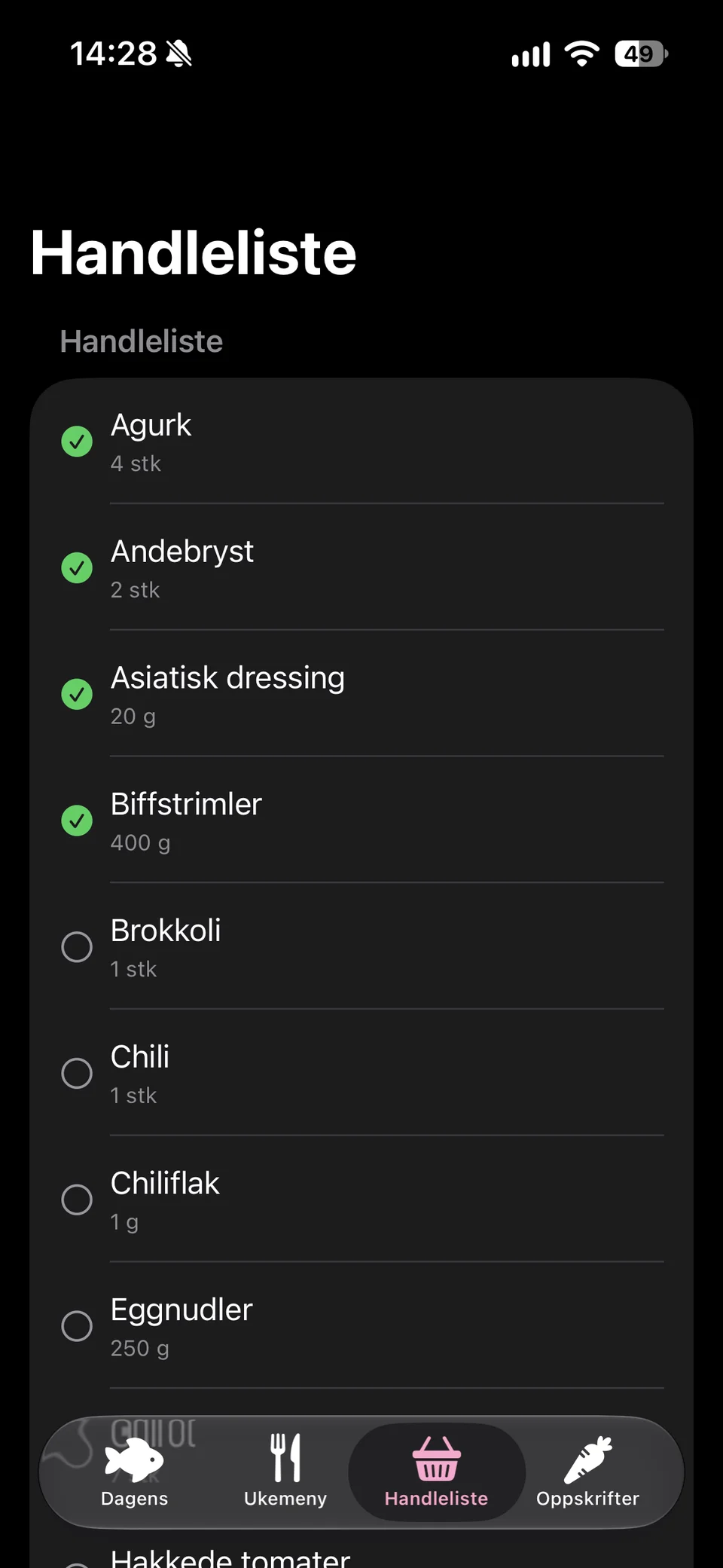 Handlelisten i Ding Ding! med ingredienser og avkryssing for varer som er handlet.