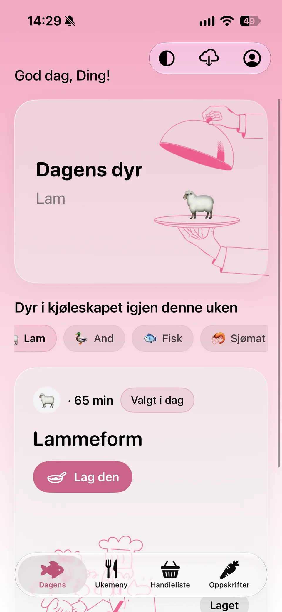Ding Ding! i lyst tema med dagens rett, lammeform, og snarveier til ukemeny og handleliste.