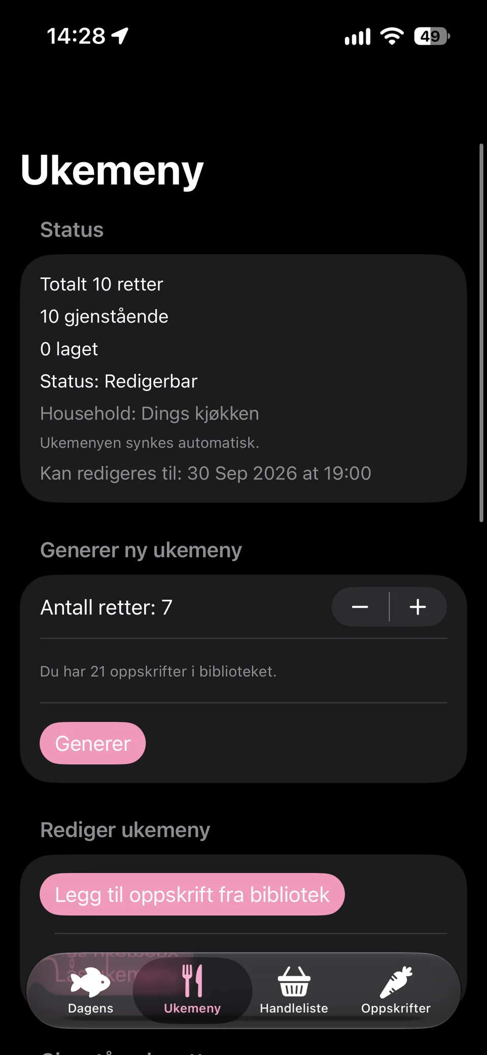 Ukemenyen i Ding Ding! med valg for å generere retter og legge til ingredienser i handlelisten.