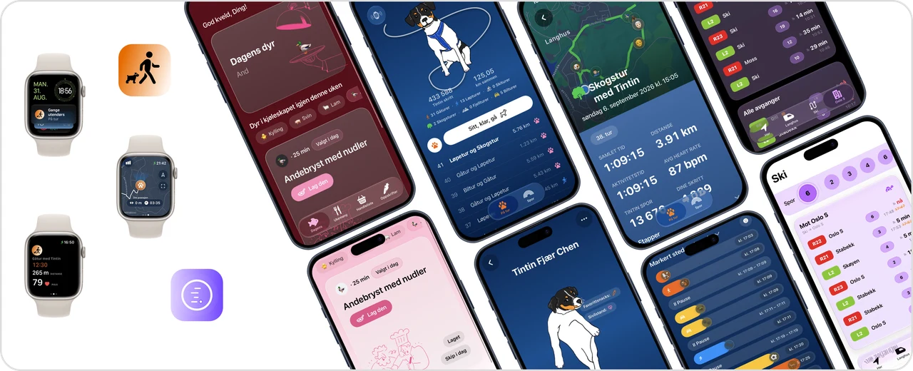 Oversikt over Ding Ding!, På tur og På tide, med appskjermer på iPhone og Apple Watch.