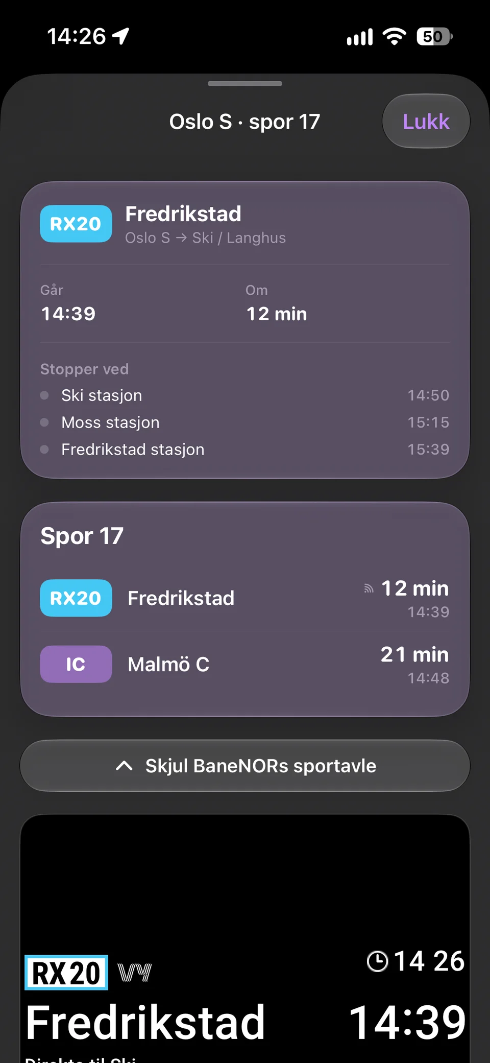 Detaljvisning av avganger fra spor 17 på Oslo S med linje, destinasjon og avgangstid.