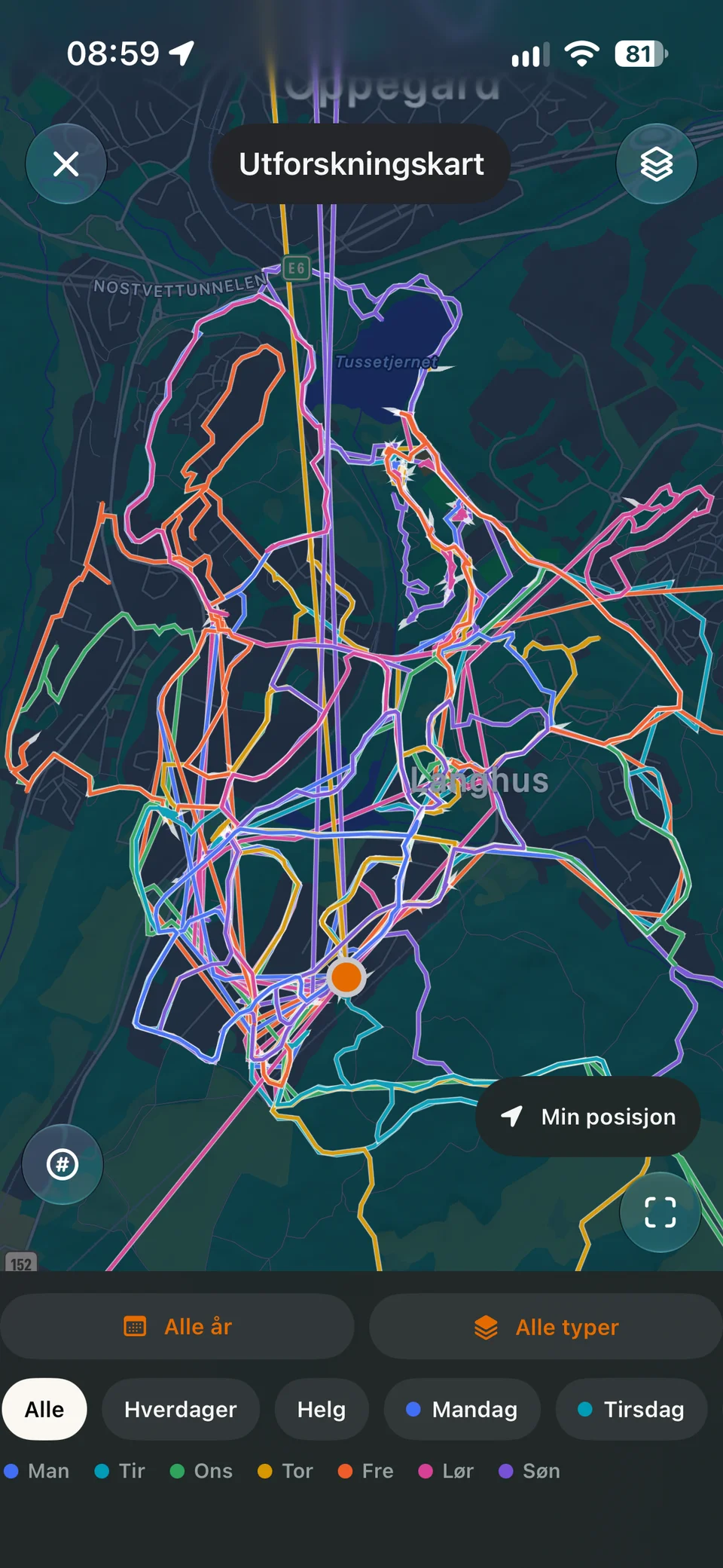 Utforskningskartet i På tur med tidligere turruter tegnet i ulike farger.
